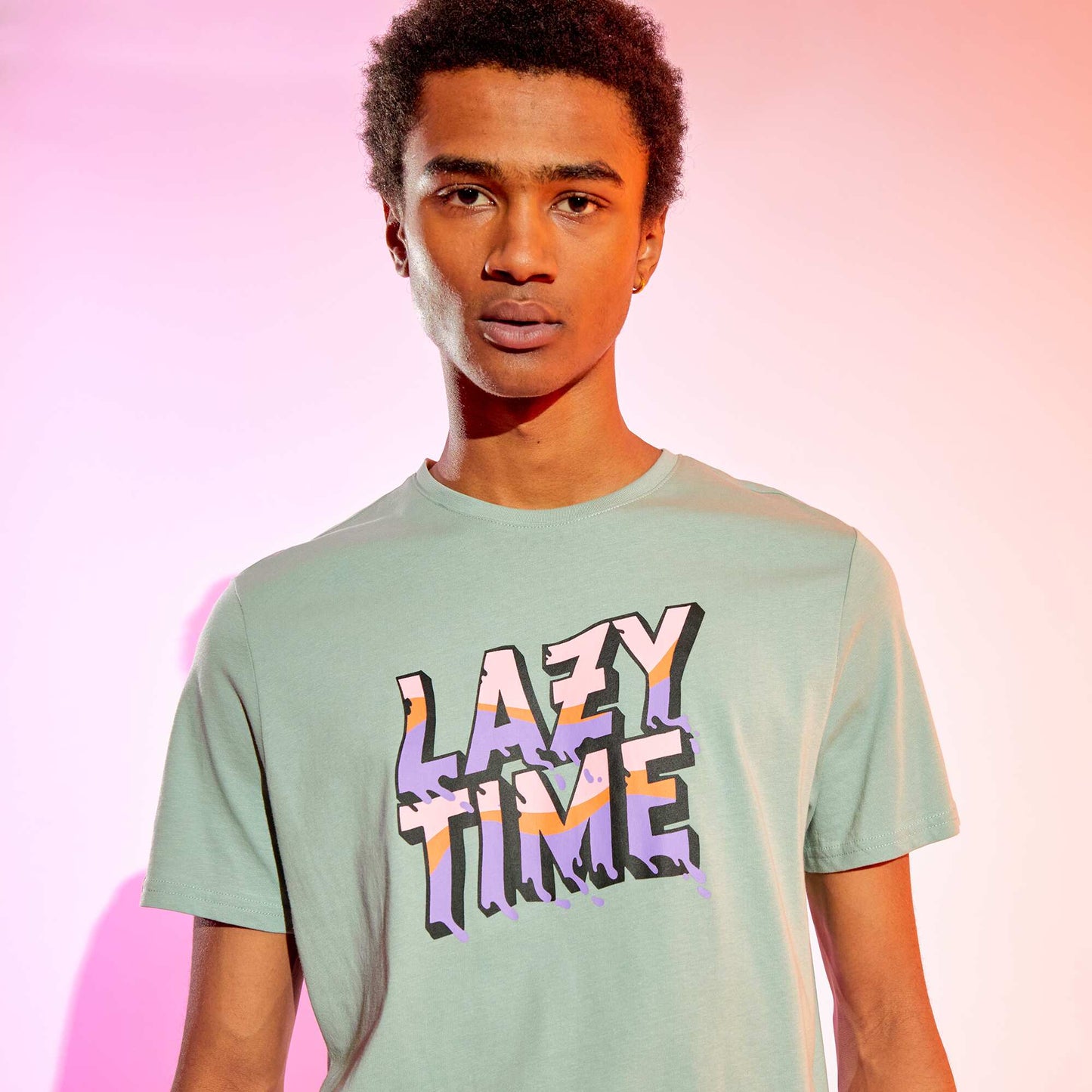 Tee-shirt message 'lazy time' Bleu vert