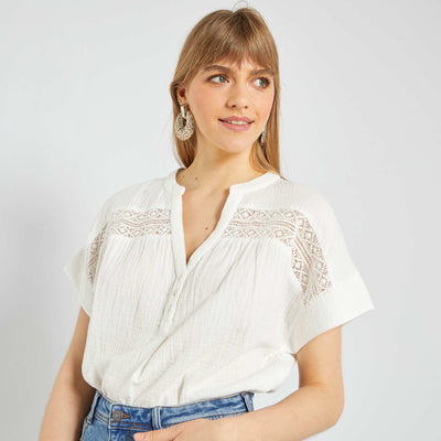 Blouse en gaze de coton avec broderie blanc