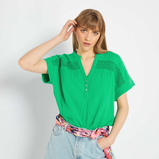 Blouse en gaze de coton avec broderie Vert