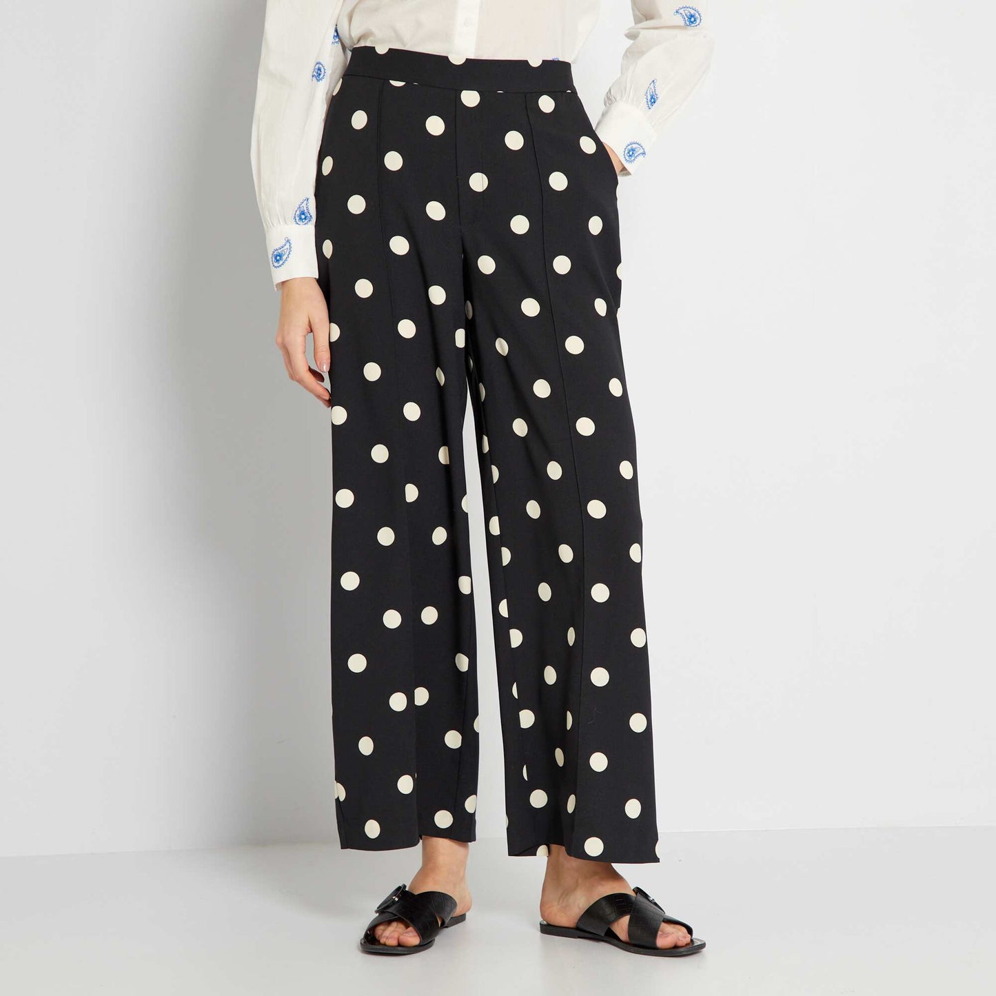 Pantalon wide leg taille haute Noir pois