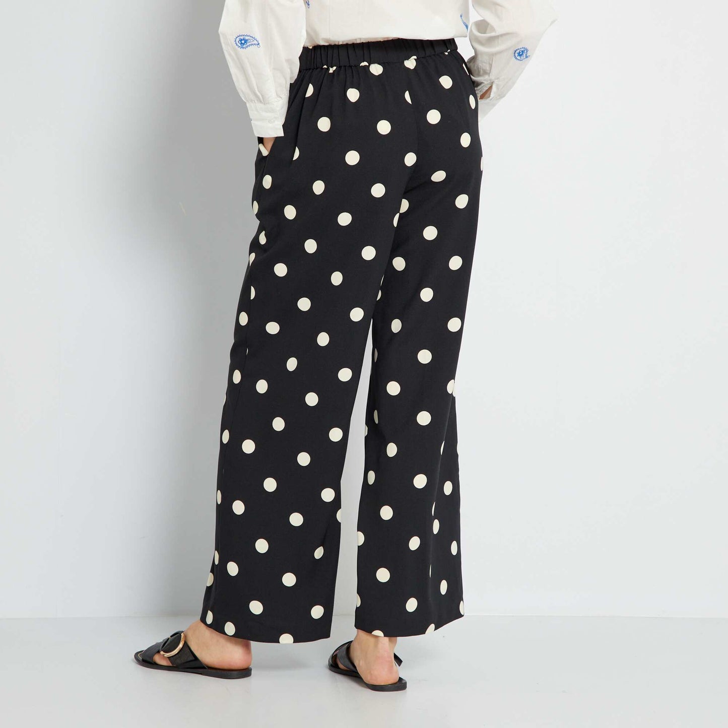 Pantalon wide leg taille haute Noir pois