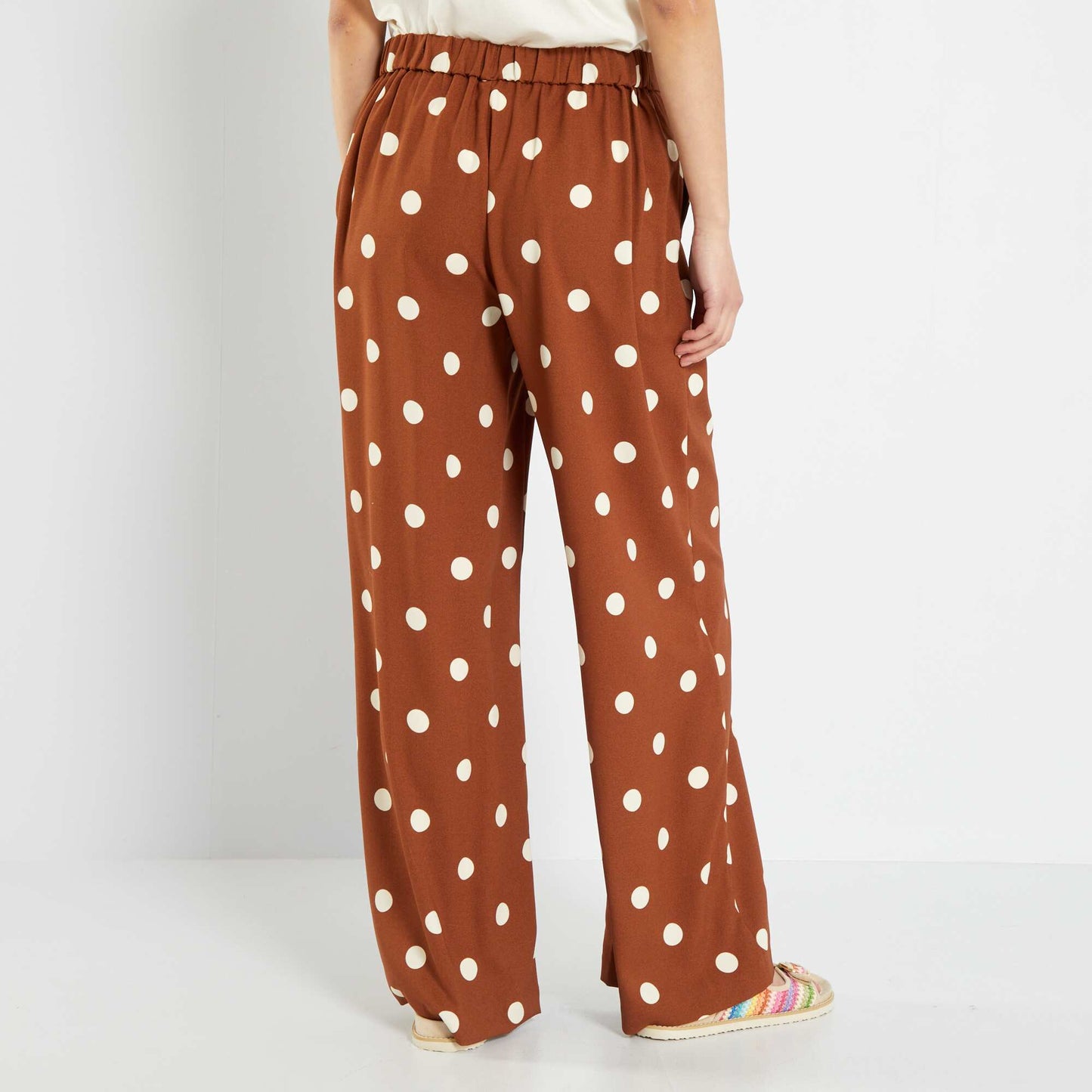 Pantalon wide leg taille haute Marron pois