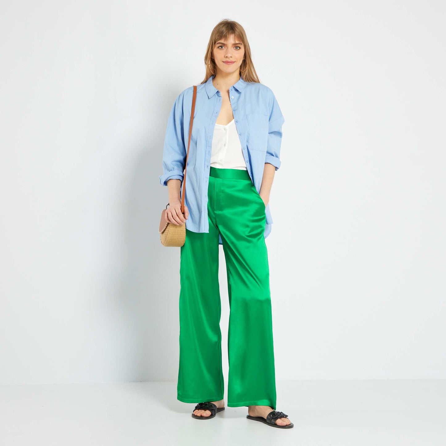 Pantalon large satin - 2 poches Vert