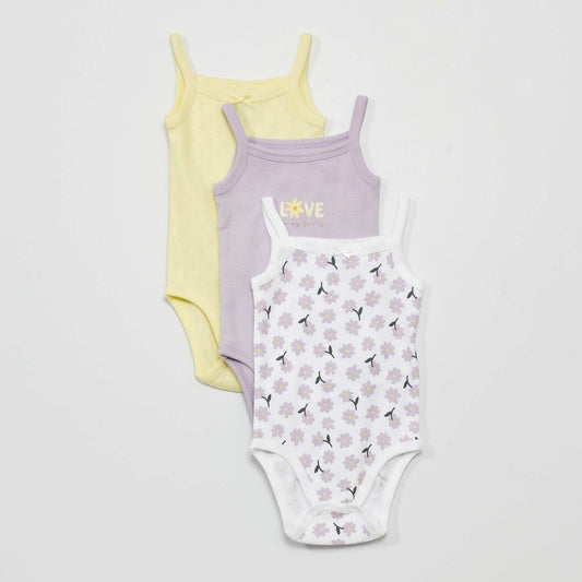 Lot de 3 bodies   fines bretelles Violet/jaune/blanc