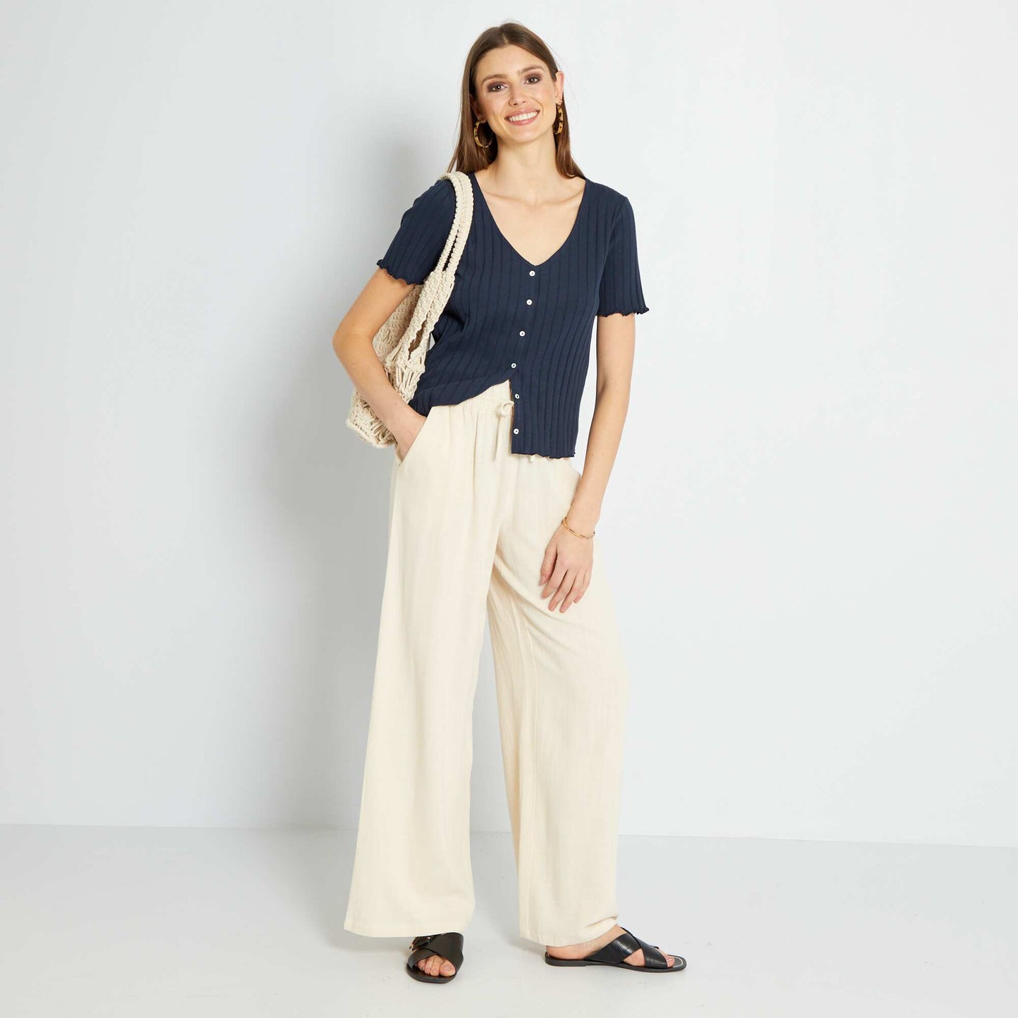 T-shirt boutonn uni bleu marine