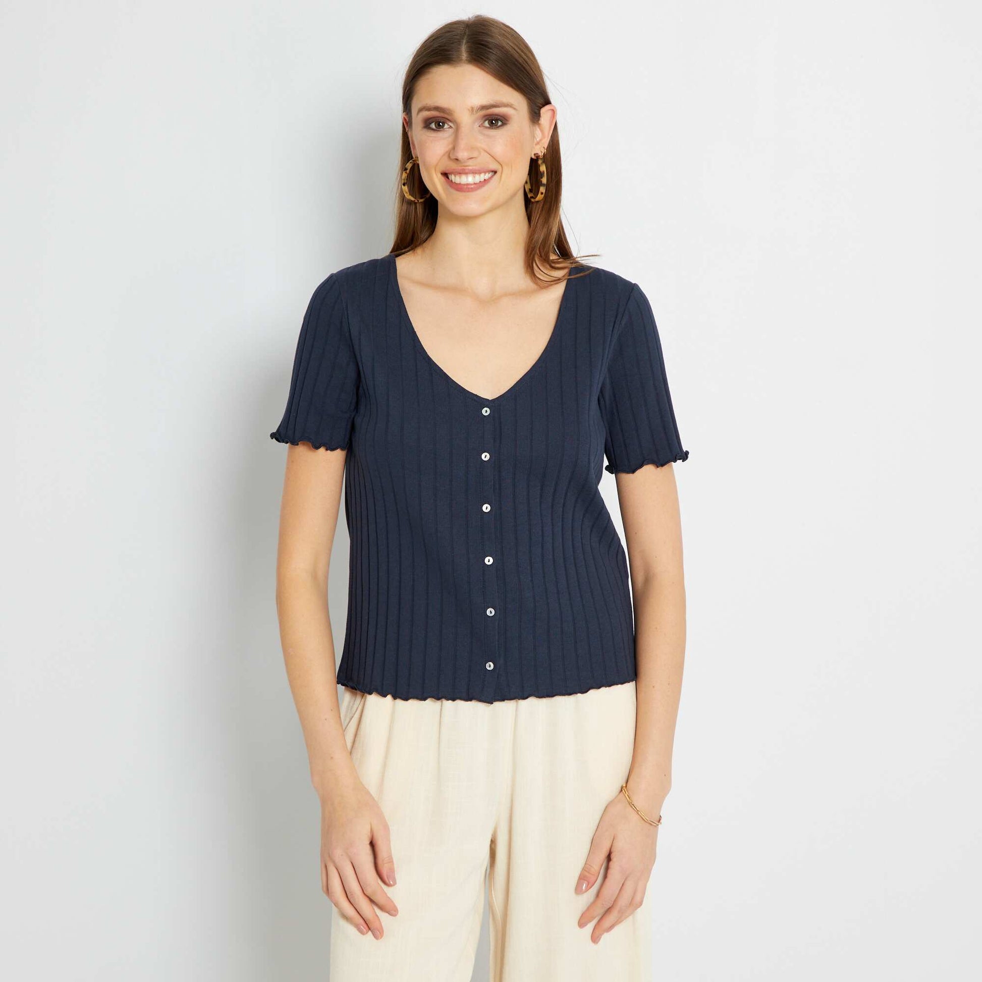 T-shirt boutonn uni bleu marine