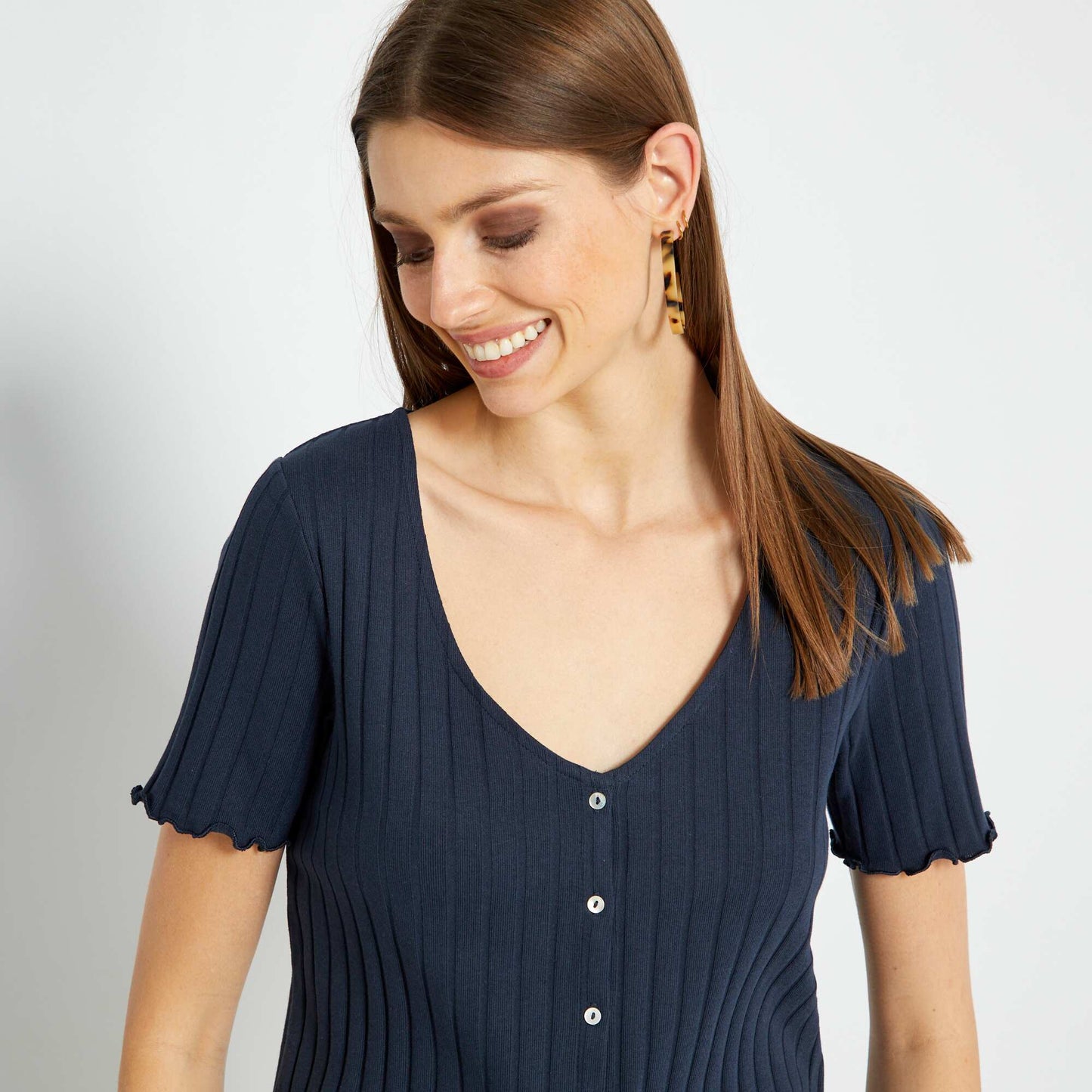 T-shirt boutonn uni bleu marine