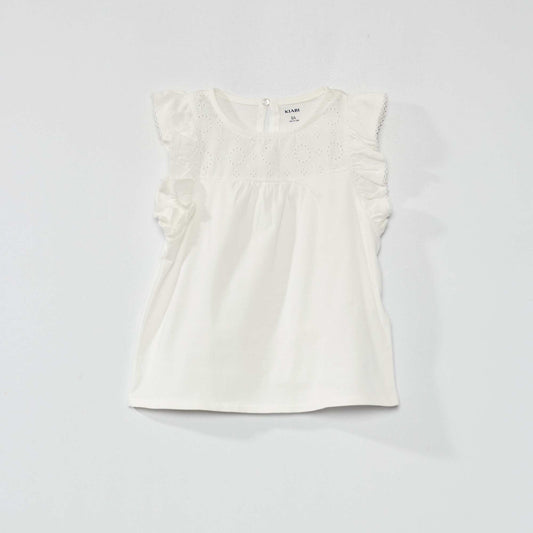 T-shirt col rond avec broderie anglaise blanc