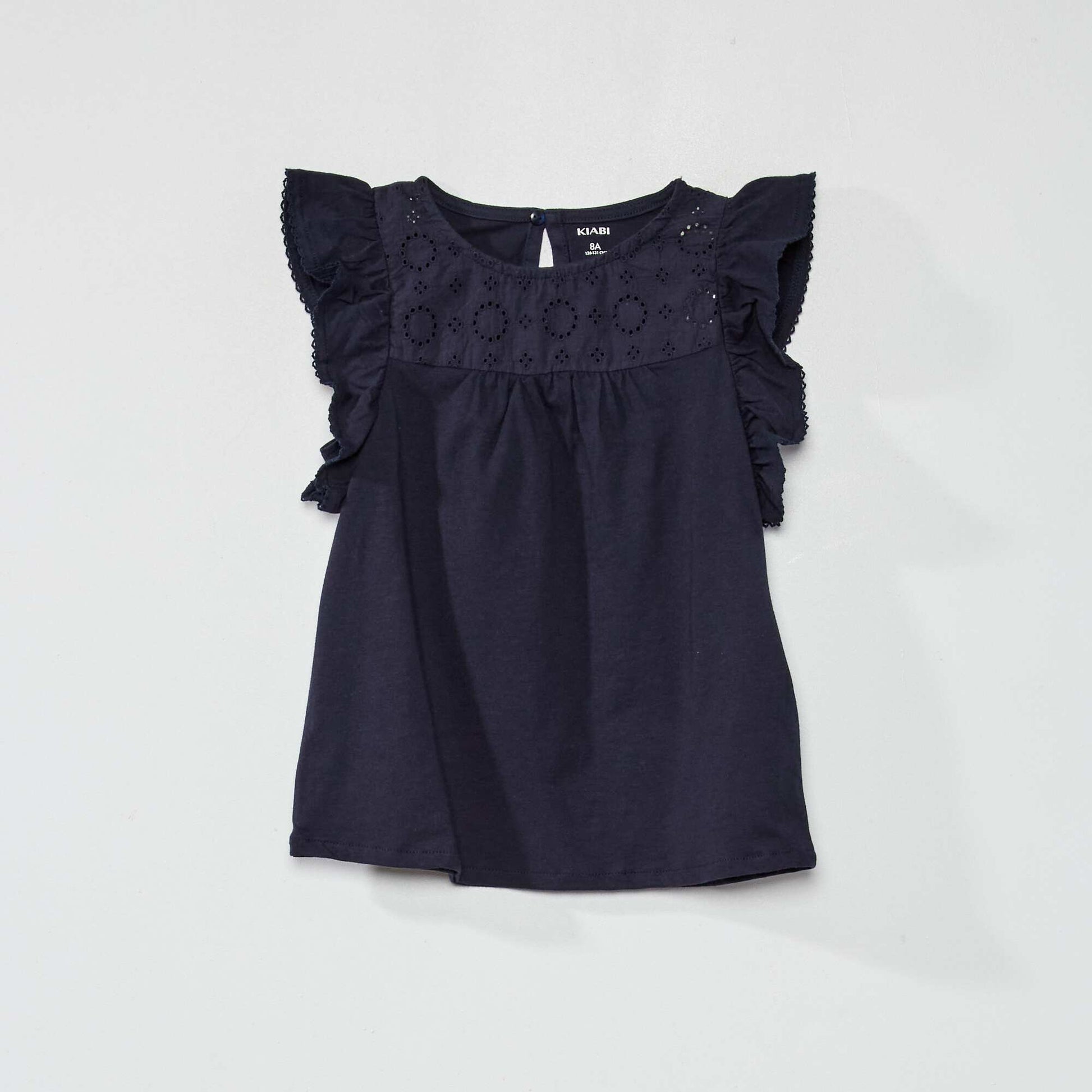 T-shirt col rond avec broderie anglaise bleu marine