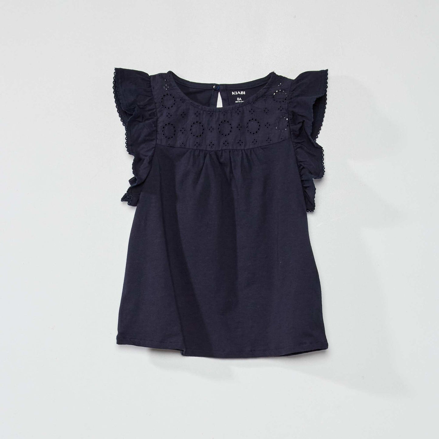 T-shirt col rond avec broderie anglaise bleu marine