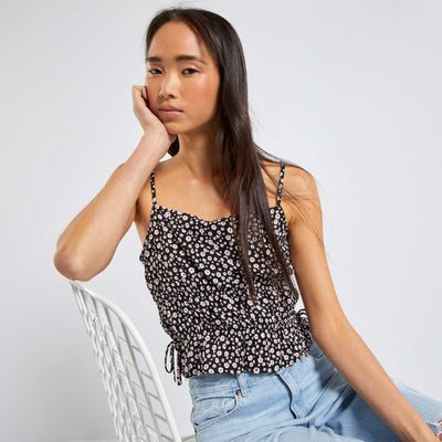 Top fleuri fines bretelles Noir