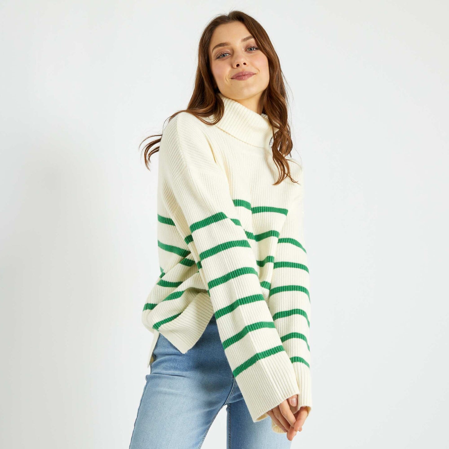 Pull col roul en maille tricot Beige/vert