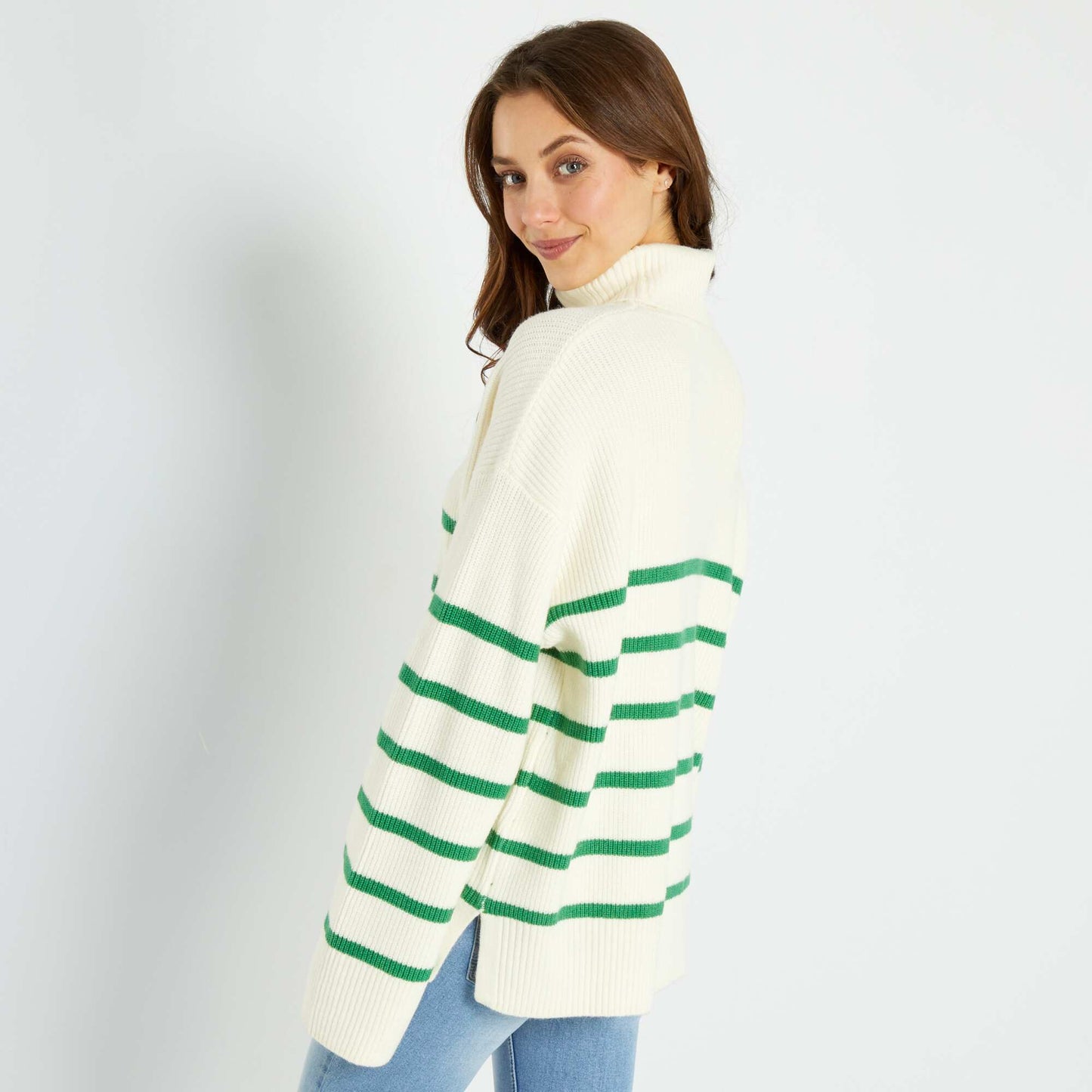 Pull col roul en maille tricot Beige/vert