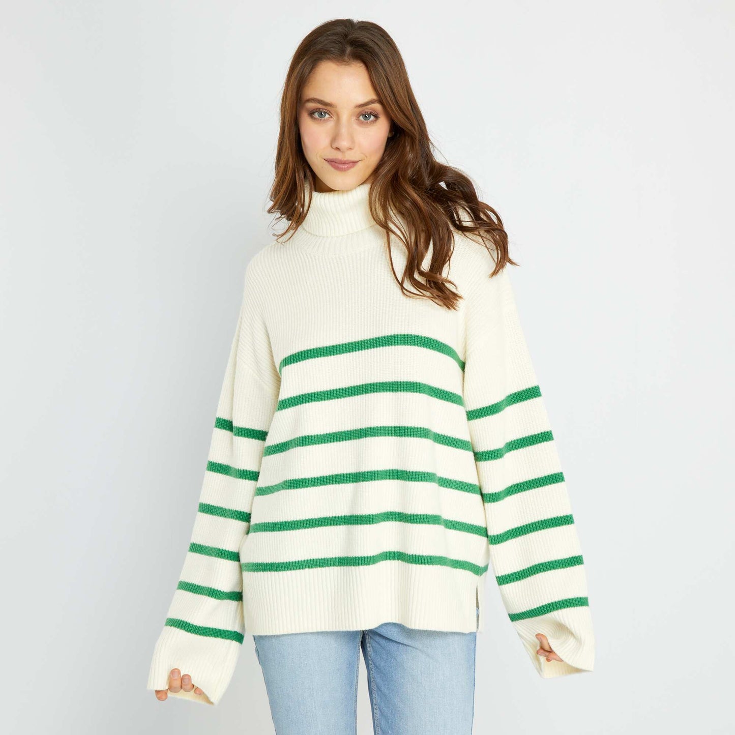 Pull col roul en maille tricot Beige/vert