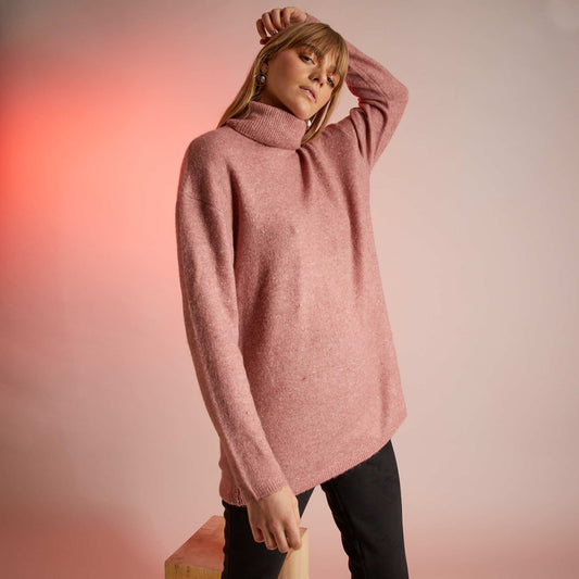 Pull col roul en maille douce Rose