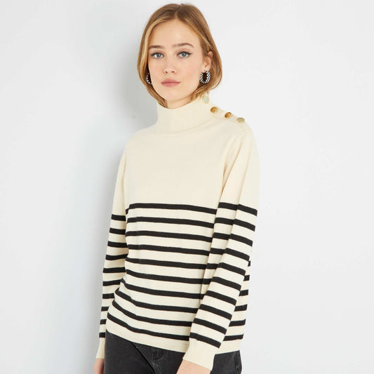 Pull col montant avec boutons Blanc/noir