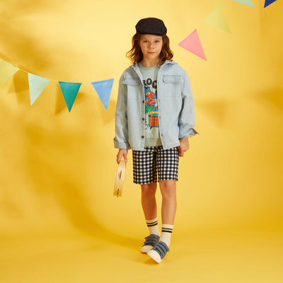 Bermuda vichy en maille froiss e Bleu