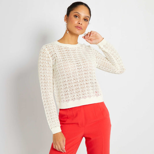 Pull en maille ajour e unie Blanc