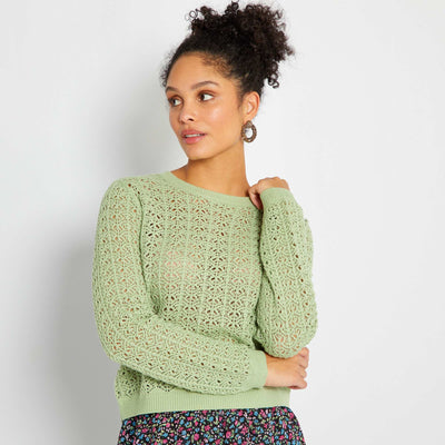 Pull en maille ajour e unie Vert