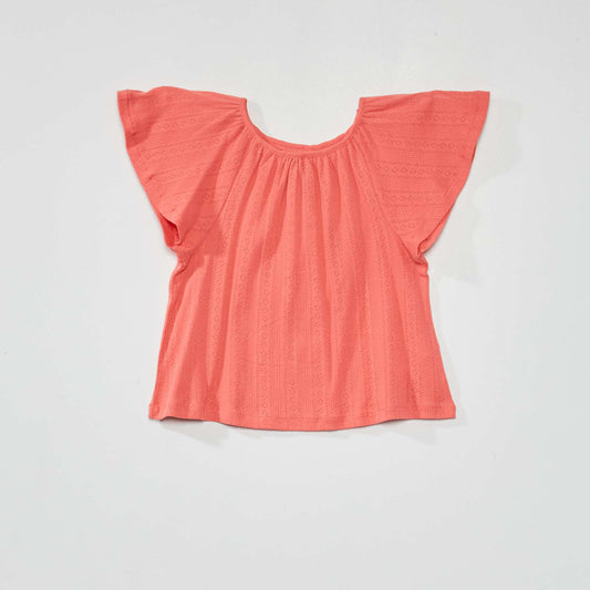 T-shirt uni en maille ajour e rose