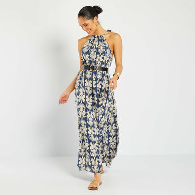 Robe longue imprim e avec col am ricain Bleu