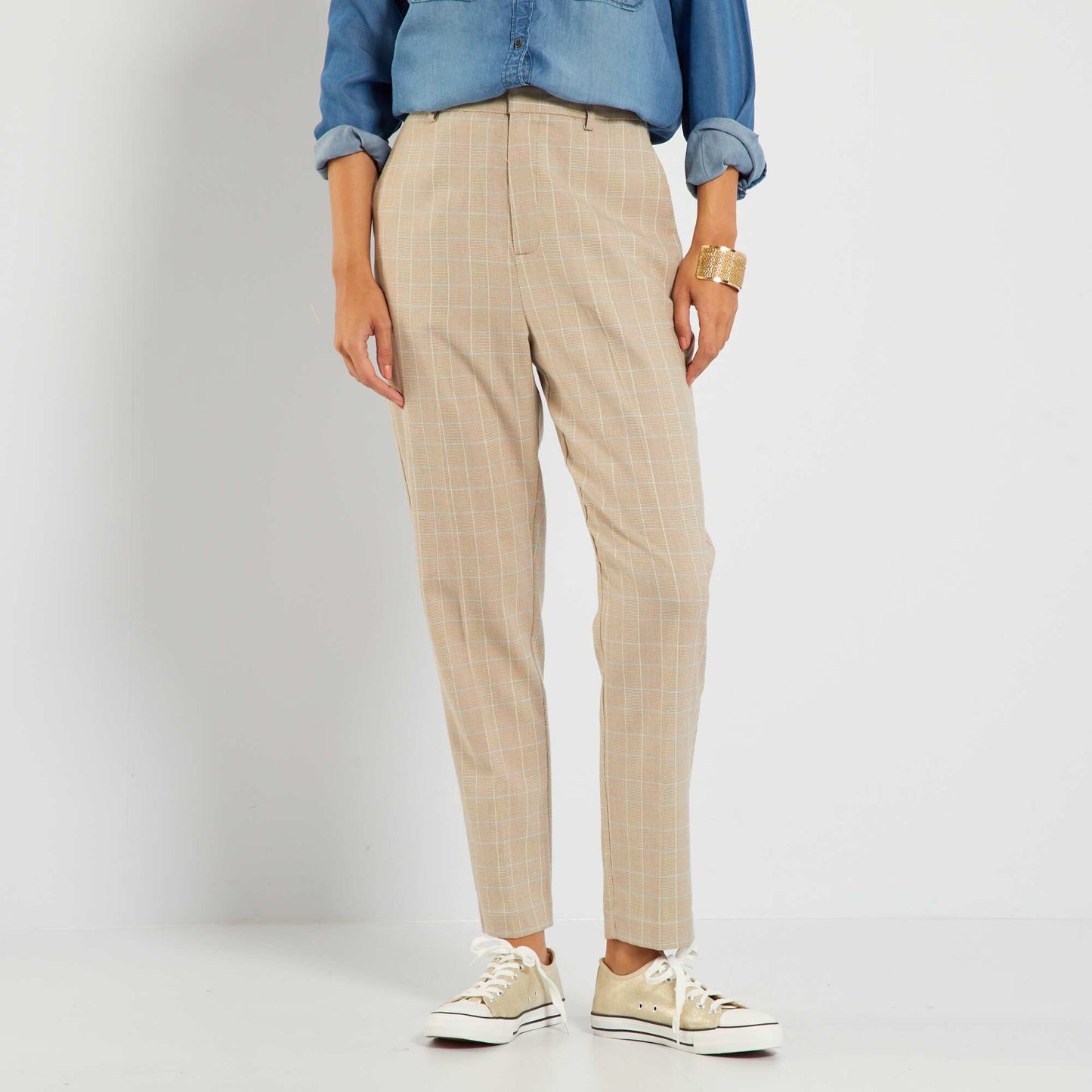 Pantalon cigarette 'prince de galles' Beige