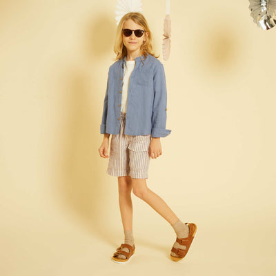 Chemise en lin col mao bleu gris
