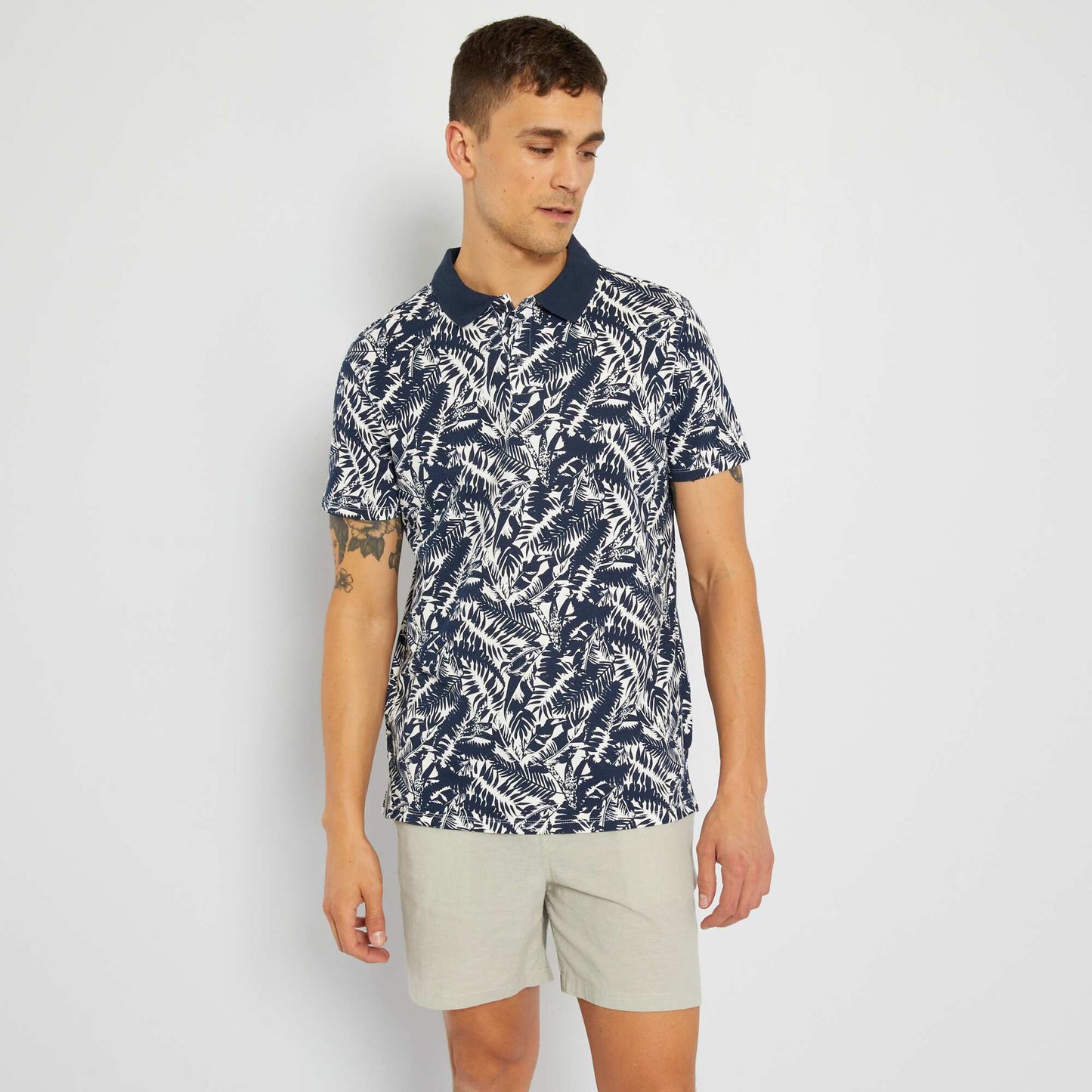 Polo en piqu de coton imprim Bleu
