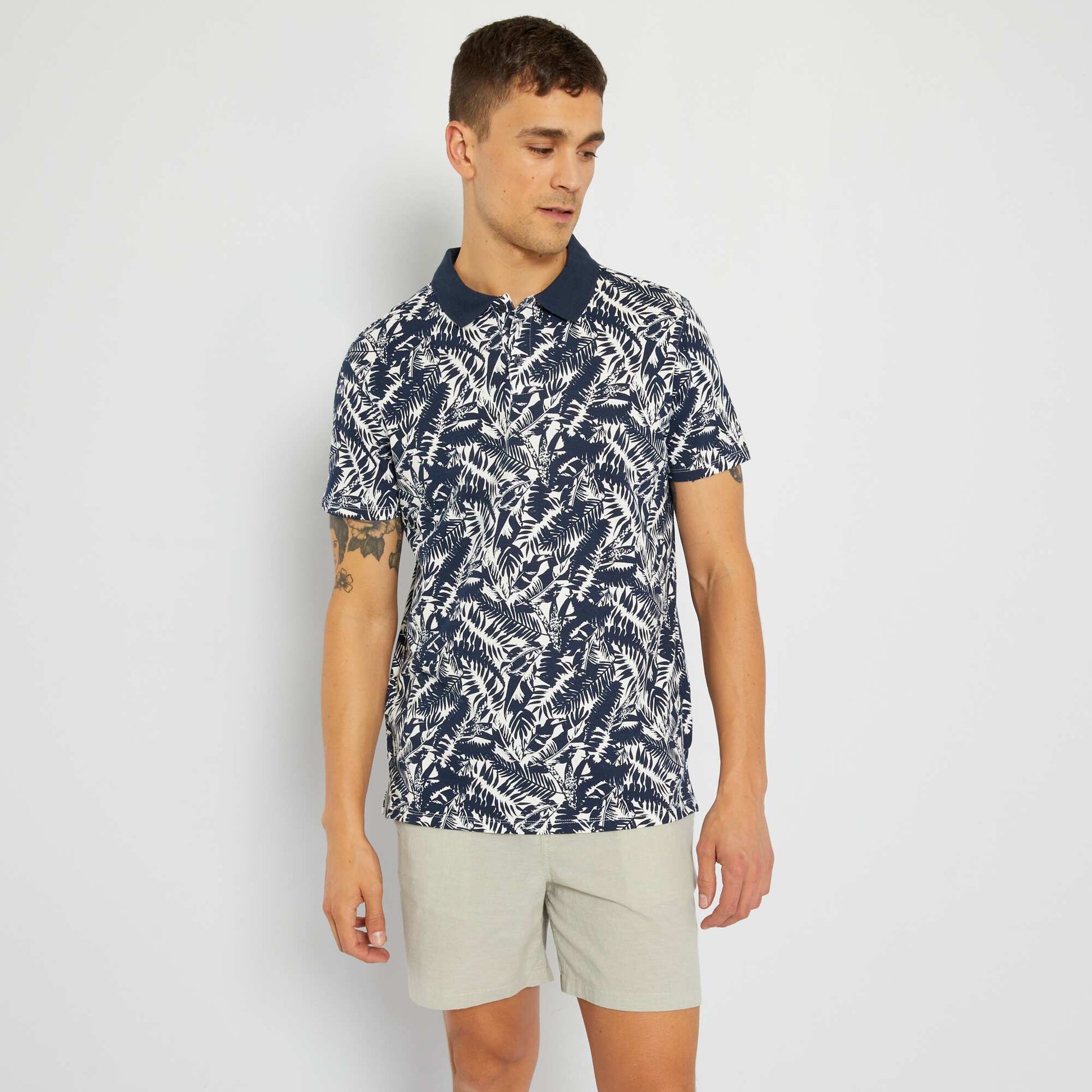 Polo en piqu de coton imprim Bleu