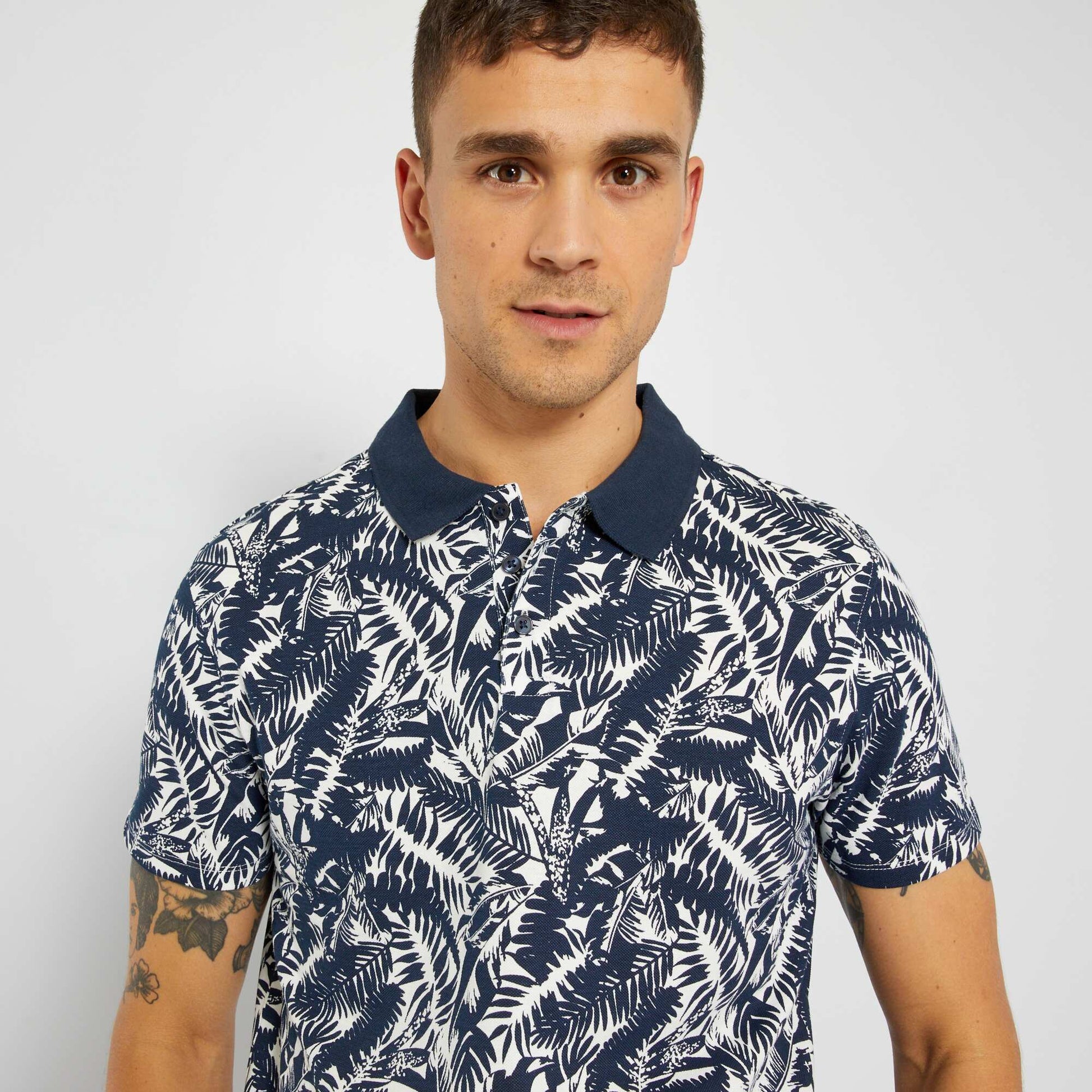 Polo en piqu de coton imprim Bleu