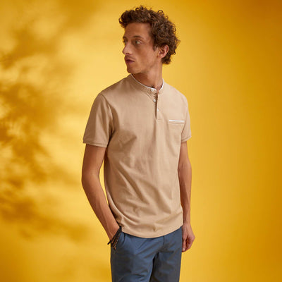 Polo col mao en piqu de coton Beige