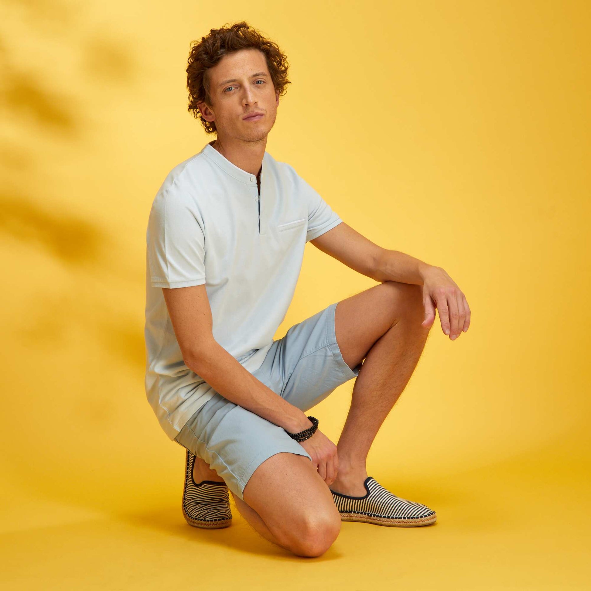 Polo col mao en piqu de coton bleu pale
