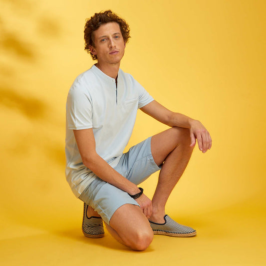Polo col mao en piqué de coton bleu pale