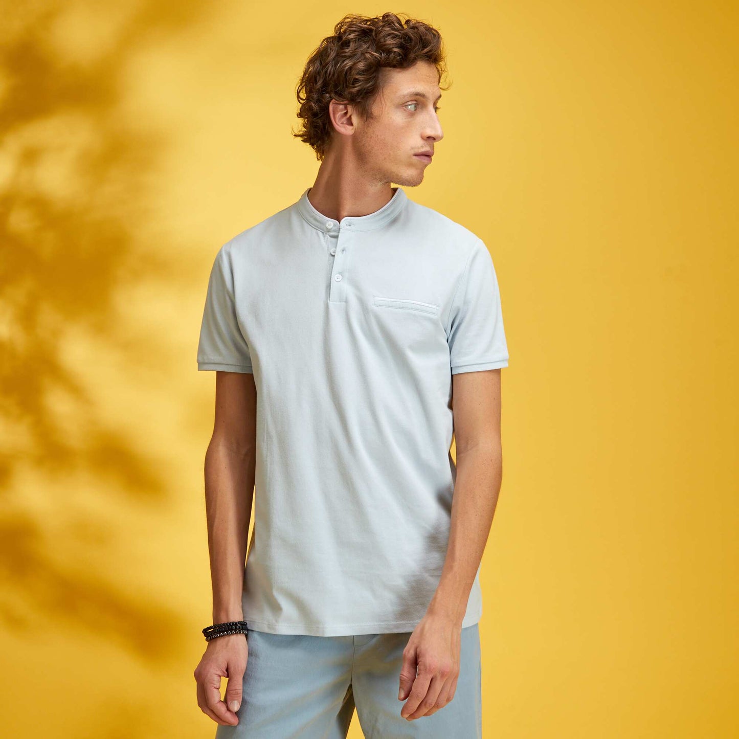 Polo col mao en piqu de coton bleu pale