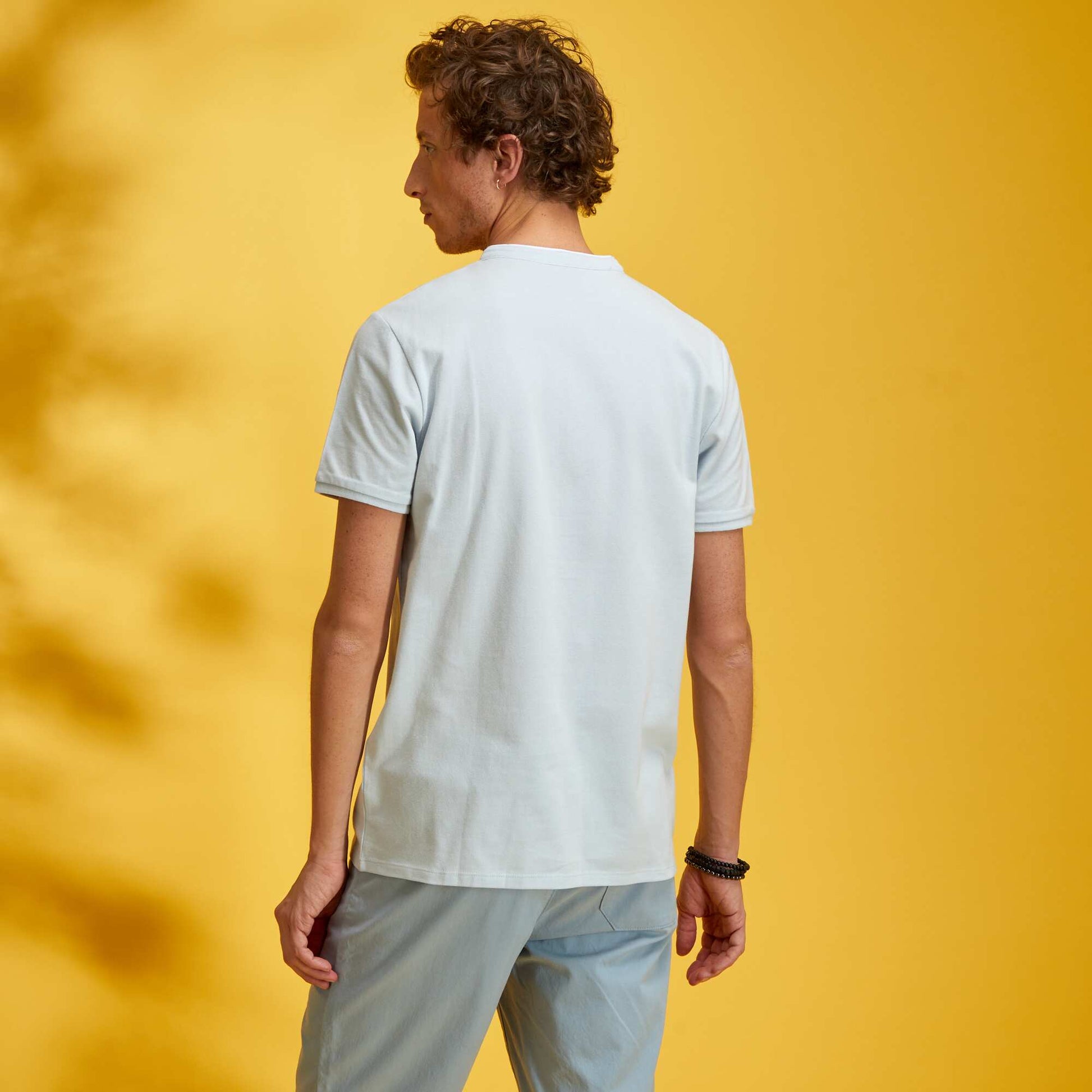 Polo col mao en piqu de coton bleu pale
