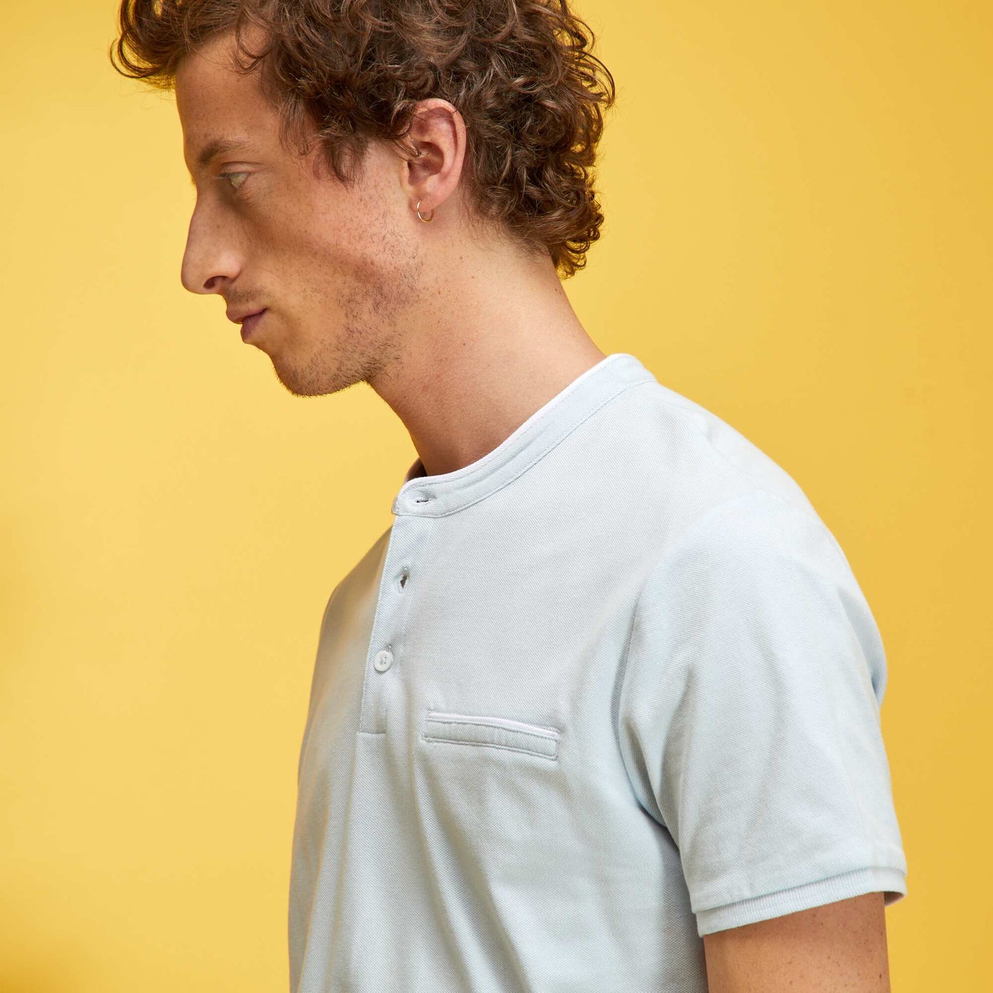 Polo col mao en piqu de coton bleu pale