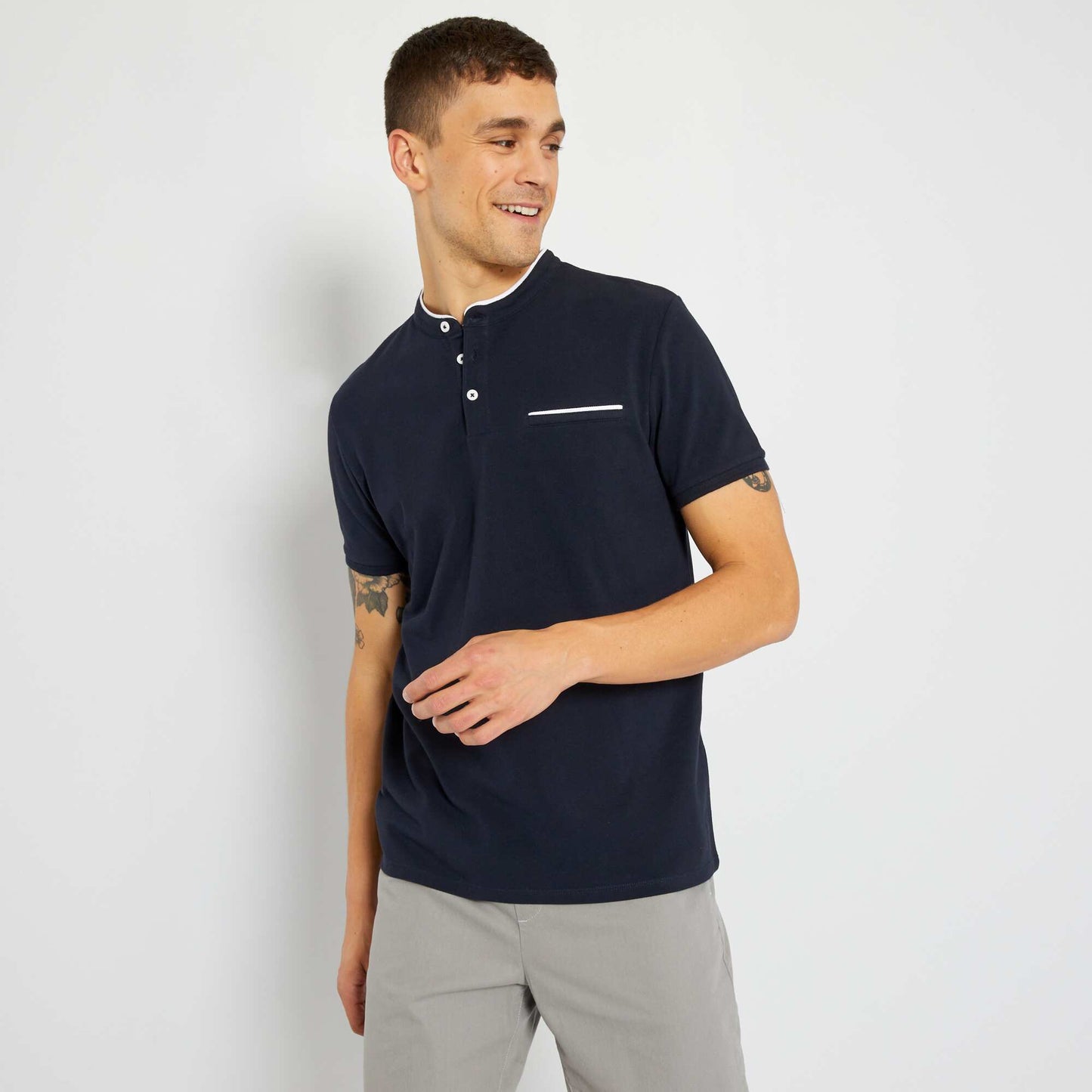 Polo col mao en piqu de coton Bleu marine