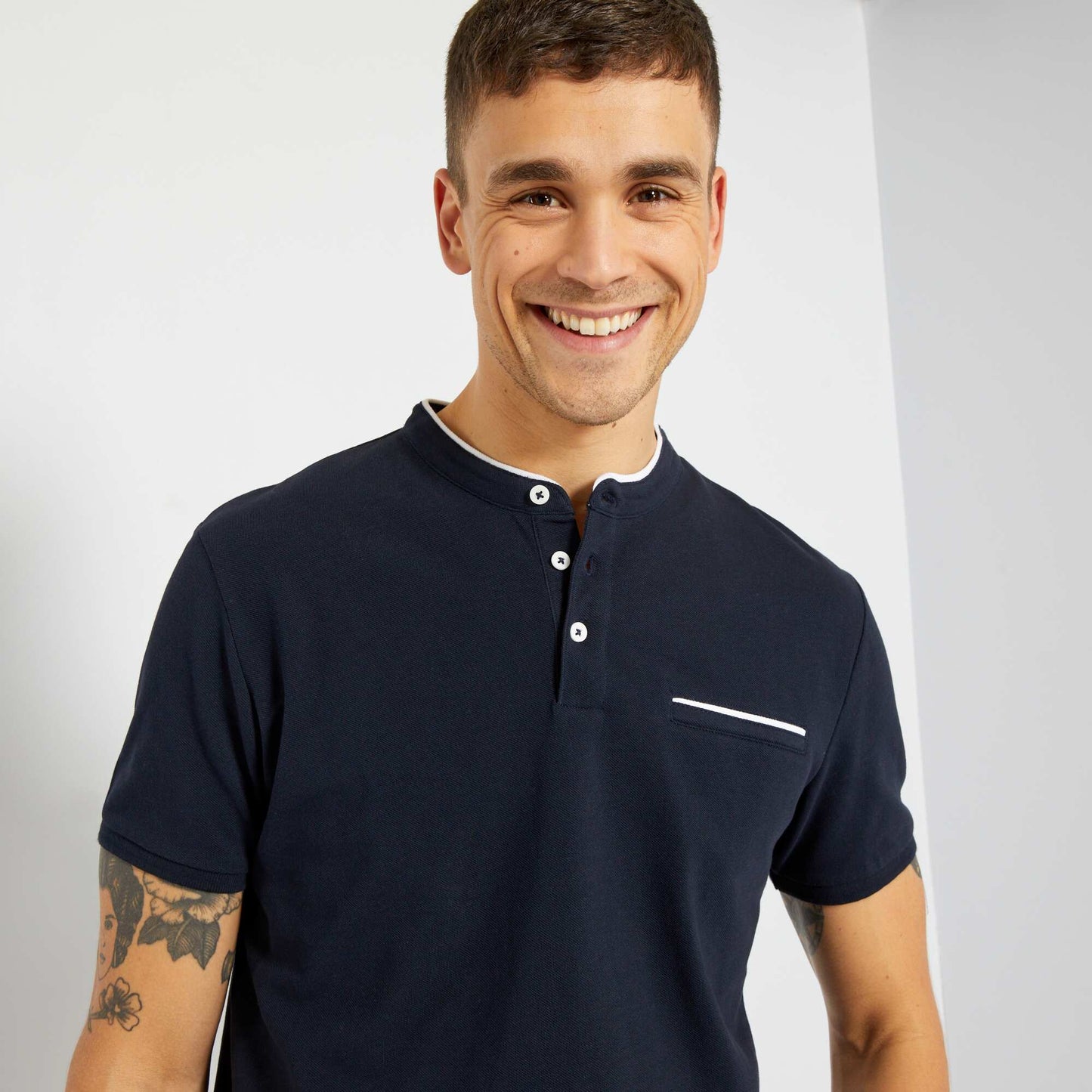 Polo col mao en piqu de coton Bleu marine