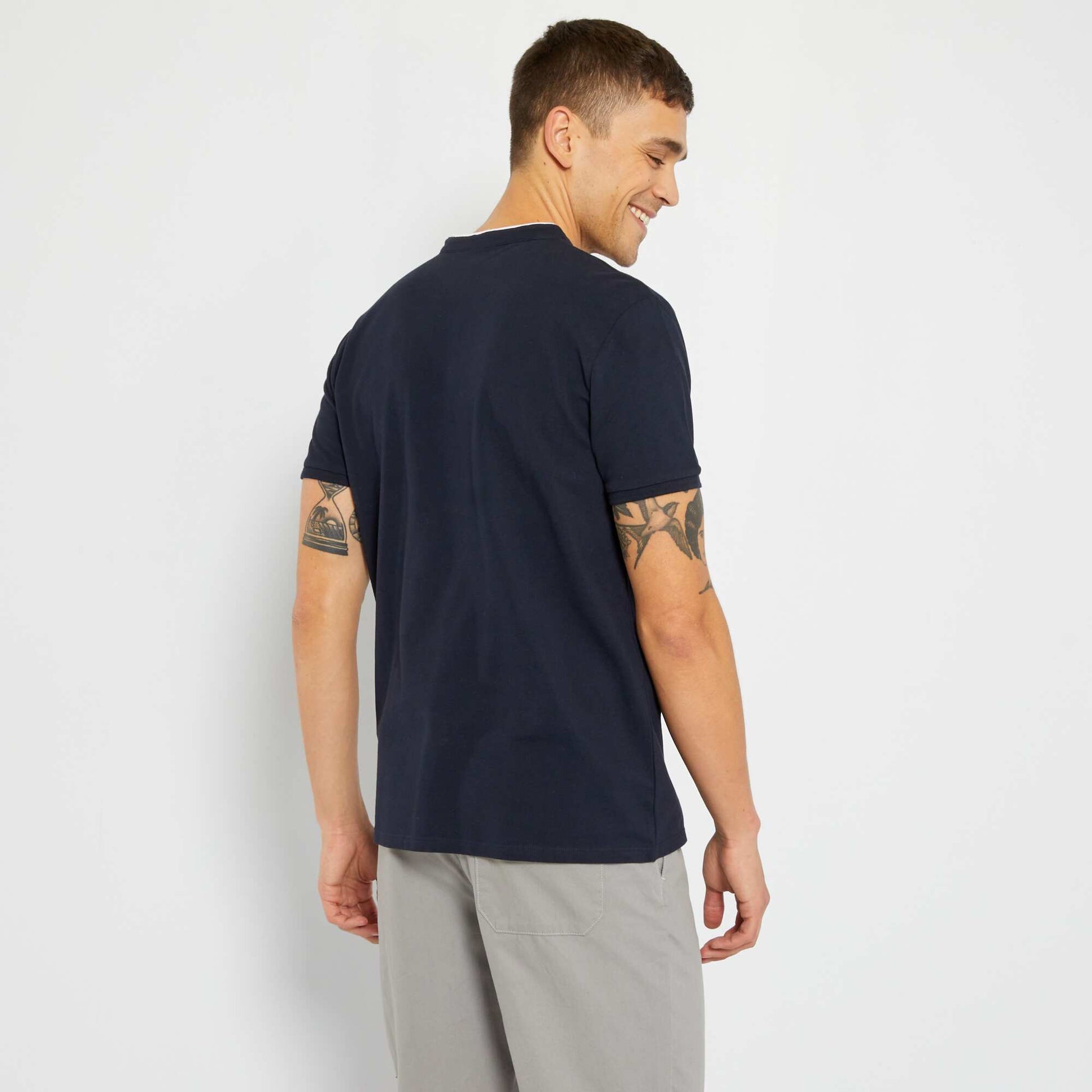 Polo col mao en piqu de coton Bleu marine