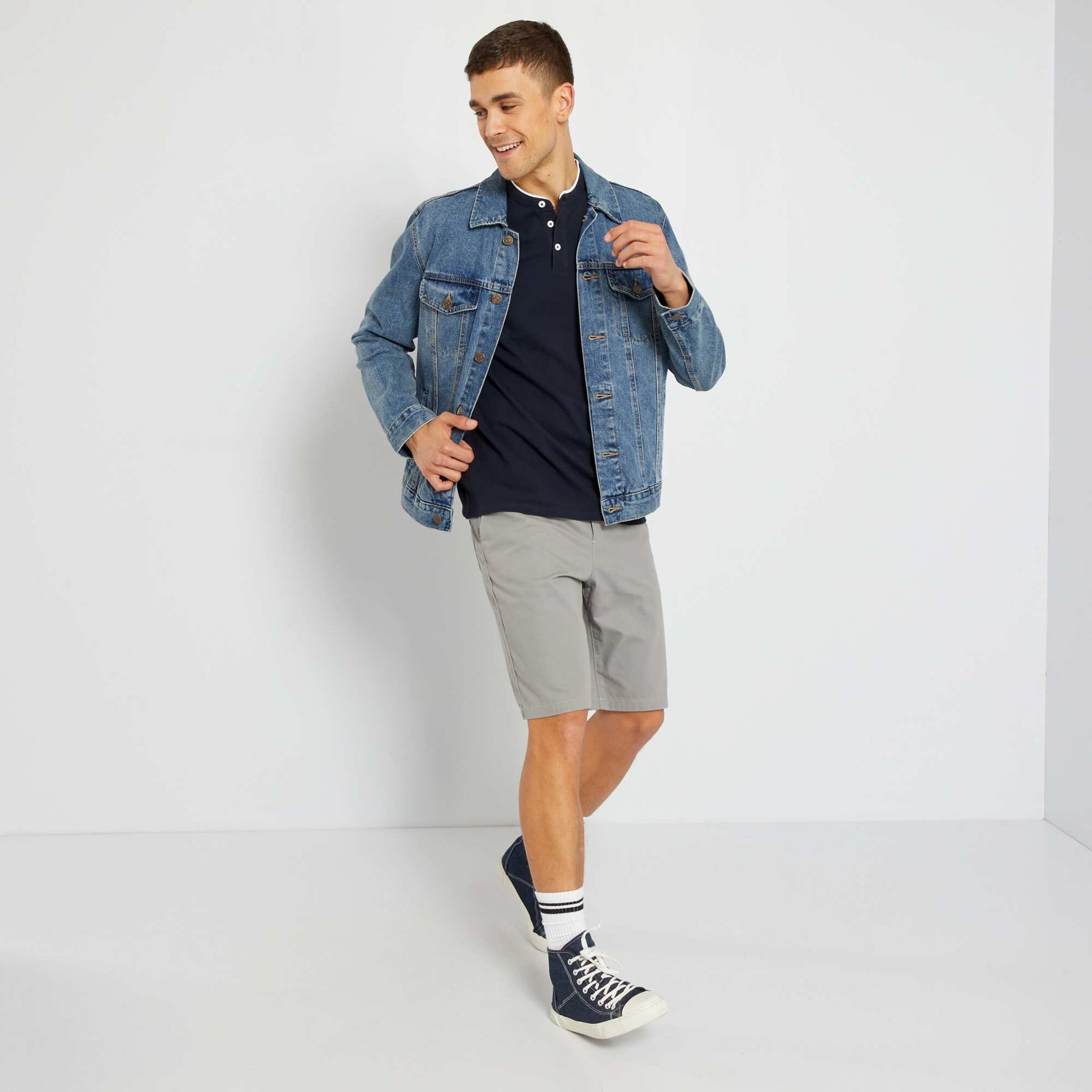 Polo col mao en piqu de coton Bleu marine