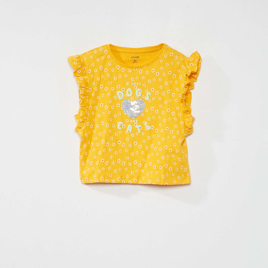 Tee-shirt imprim avec volants Jaune