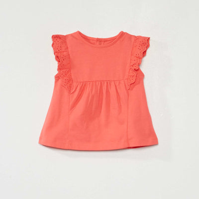 T-shirt en jersey avec manches brod es rose corail
