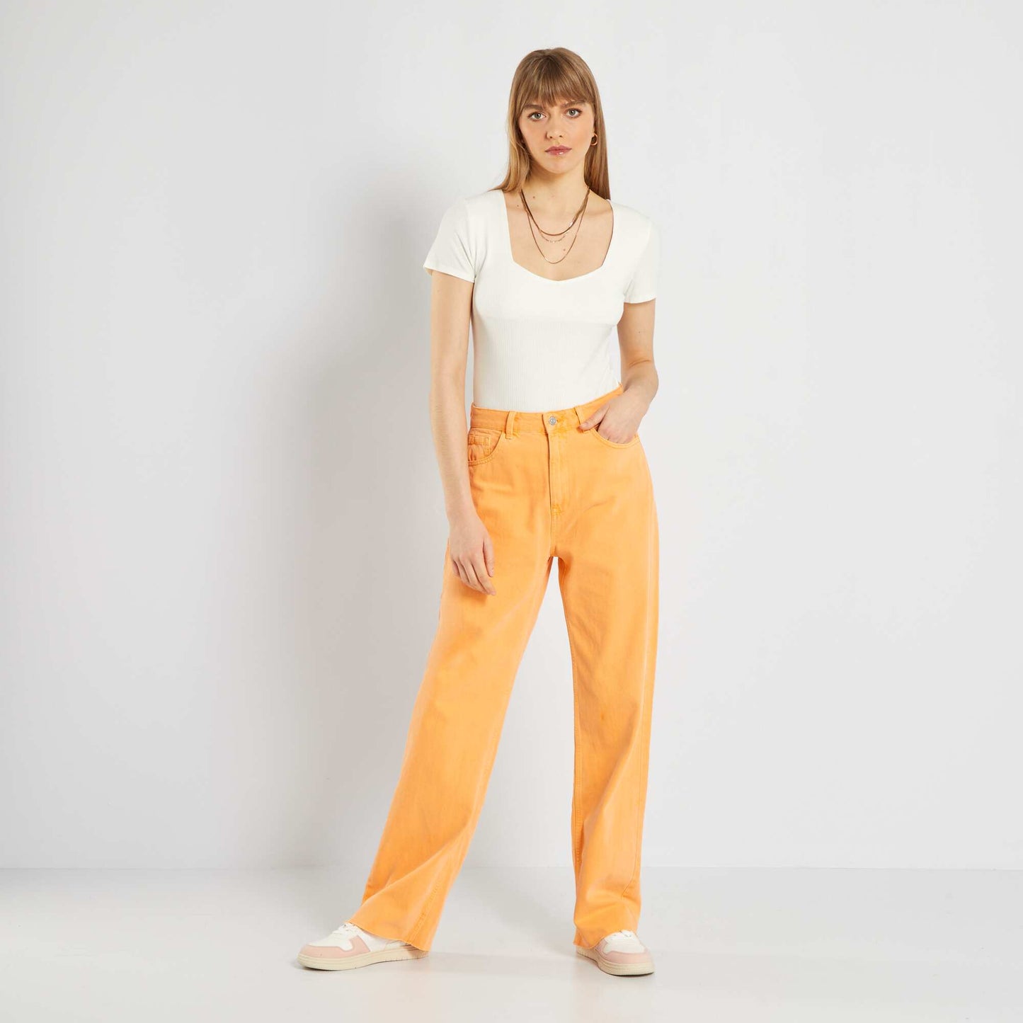 Pantalon wide leg taille haute orange abricot