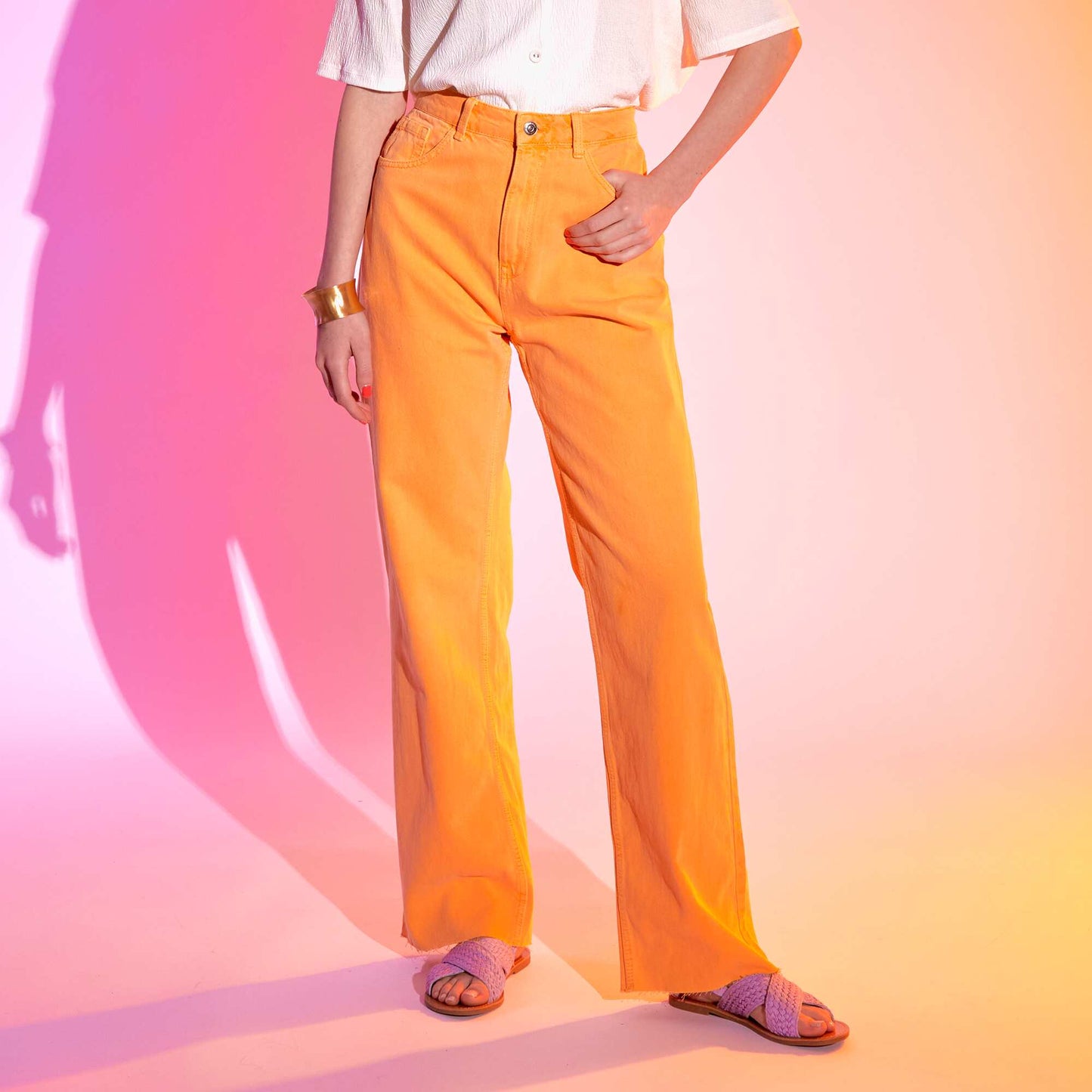 Pantalon wide leg taille haute orange abricot
