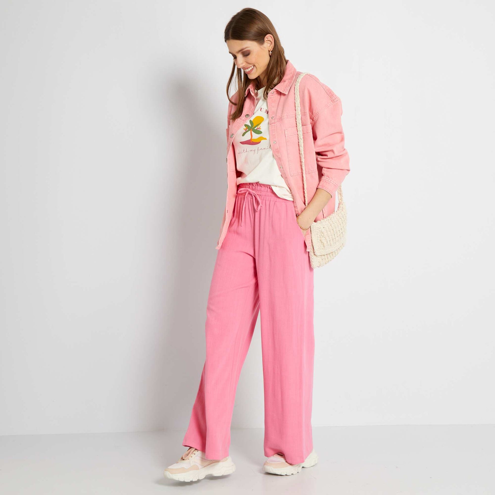 Pantalon droit avec lin rose - Main Image