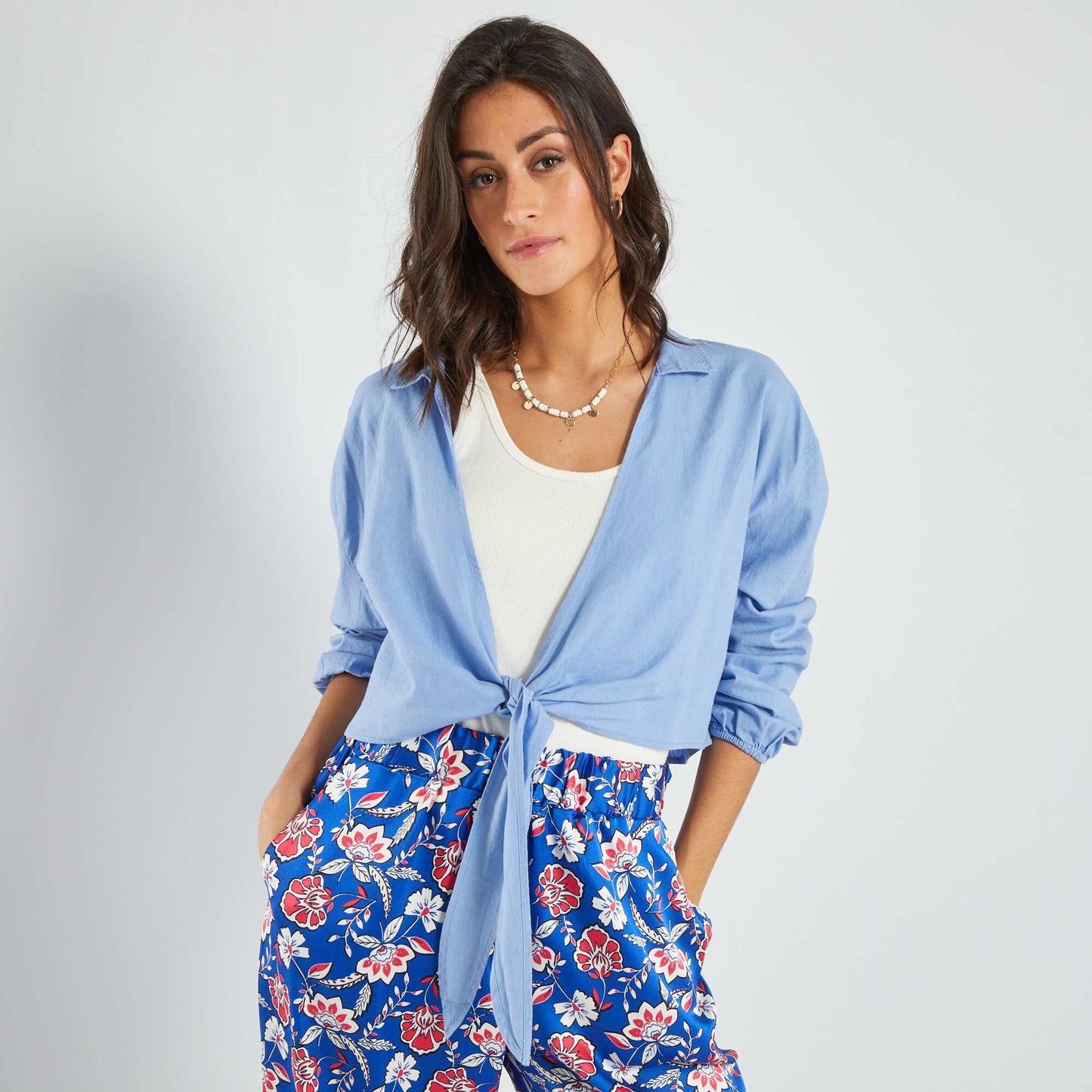 Blouse cropped col V Bleu