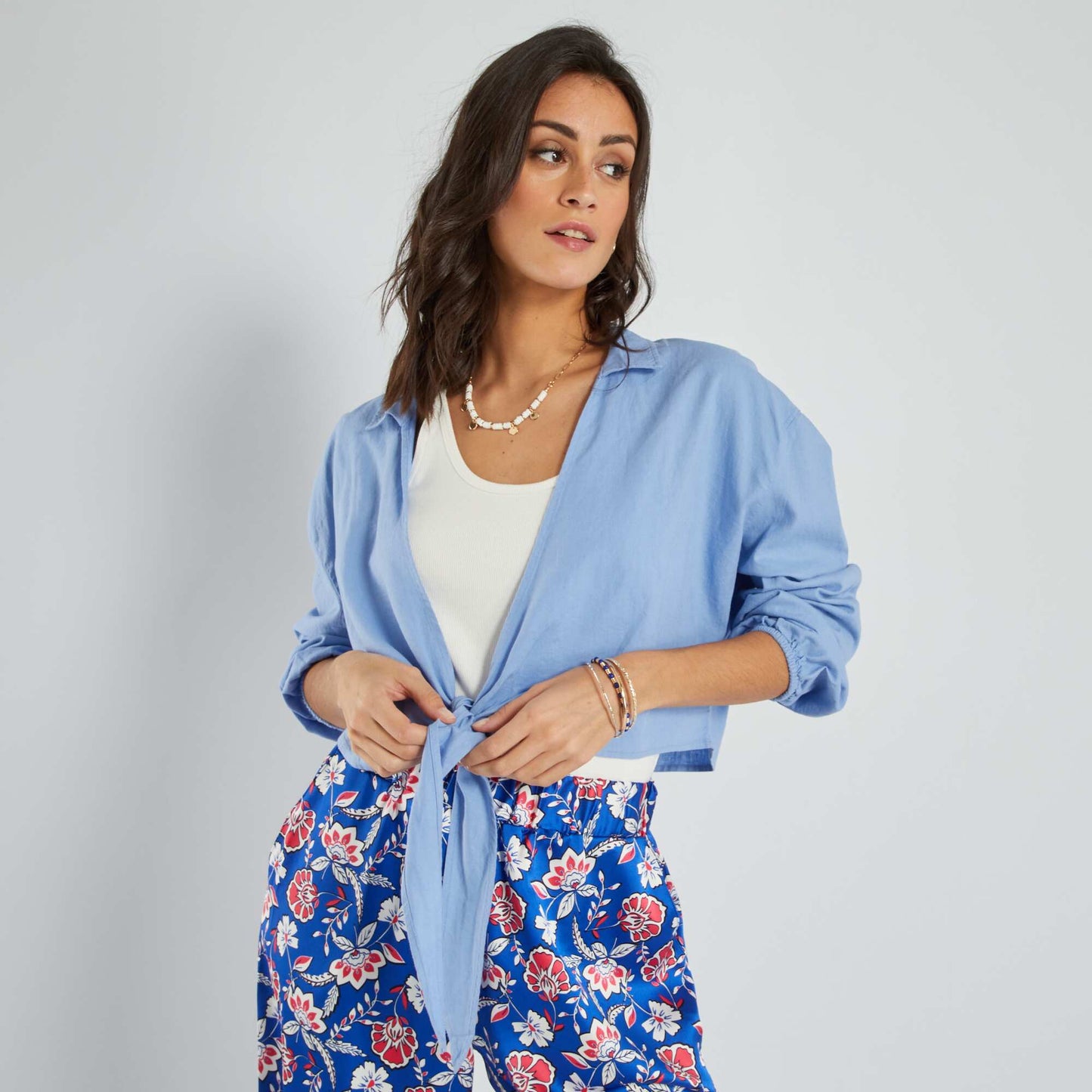 Blouse cropped col V Bleu