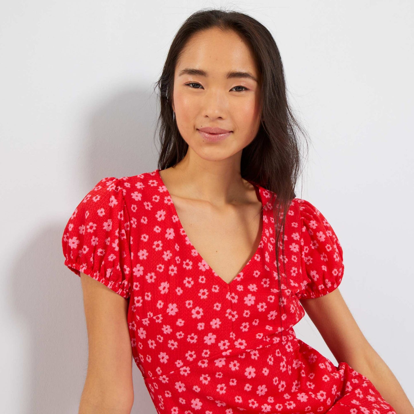 Robe motifs avec manches ballons Rouge