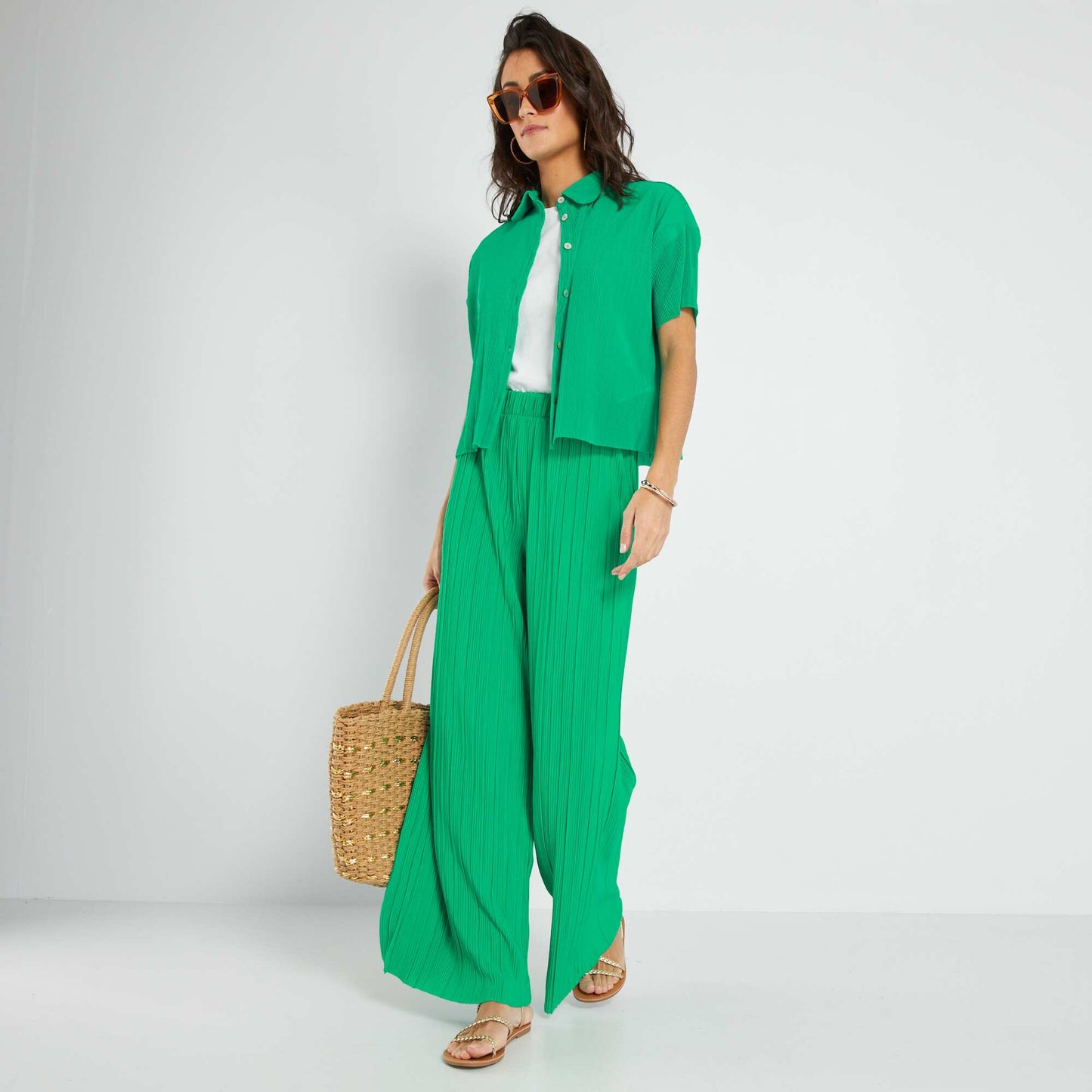 Pantalon large pliss Vert