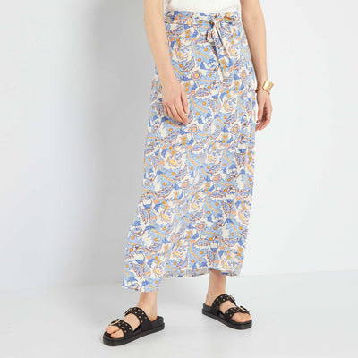 Jupe mi-longue fluide ceintur e Beige/bleu